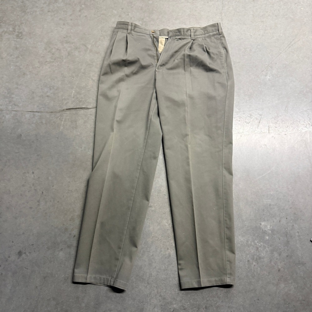 Mens Pleated Chino Pants Olive Khaki Straight Leg Business Casual Trousers 37x29